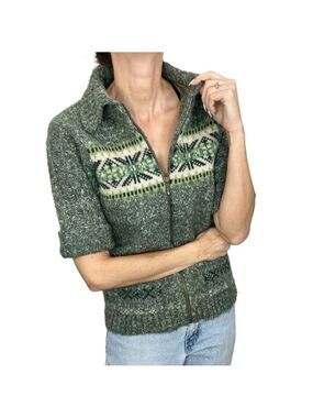 Woolrich green wool blend short sleeve fair isle zip up sweater S
